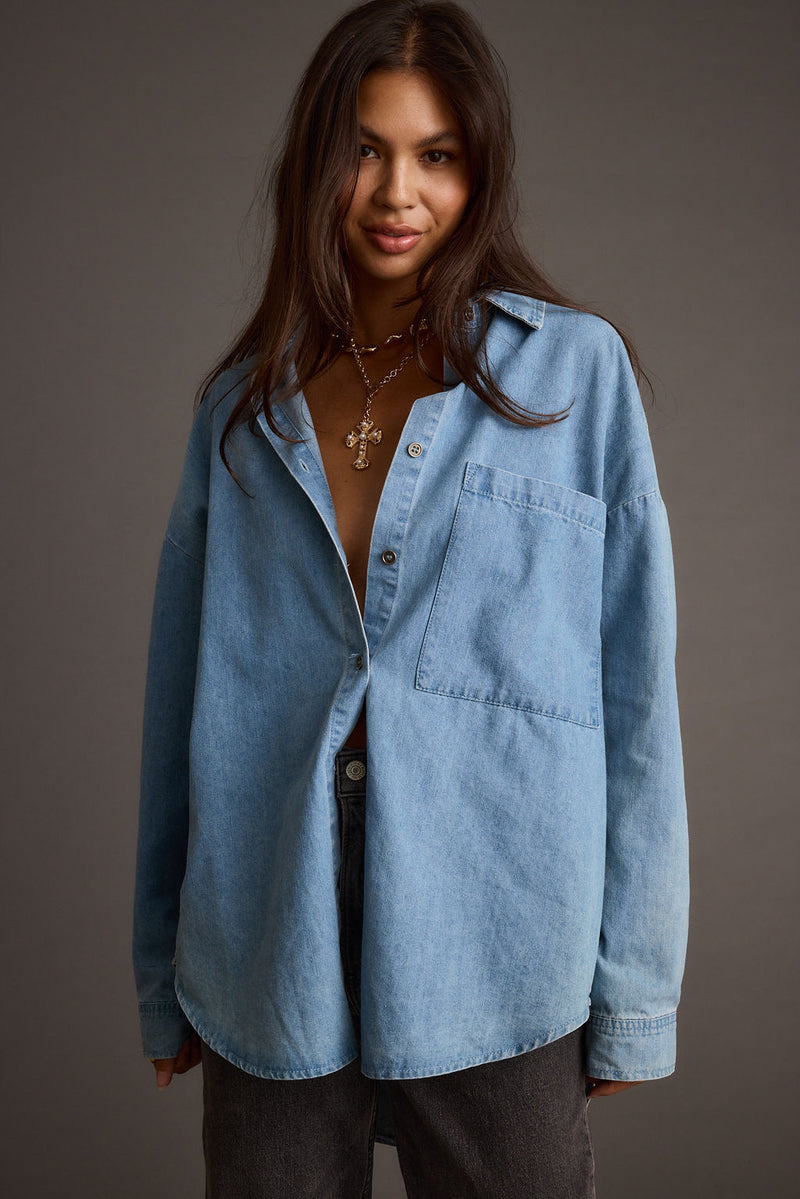 Springsteen Chambray Oversized Button Down Shirt styled in a complete look from an alternate angle.