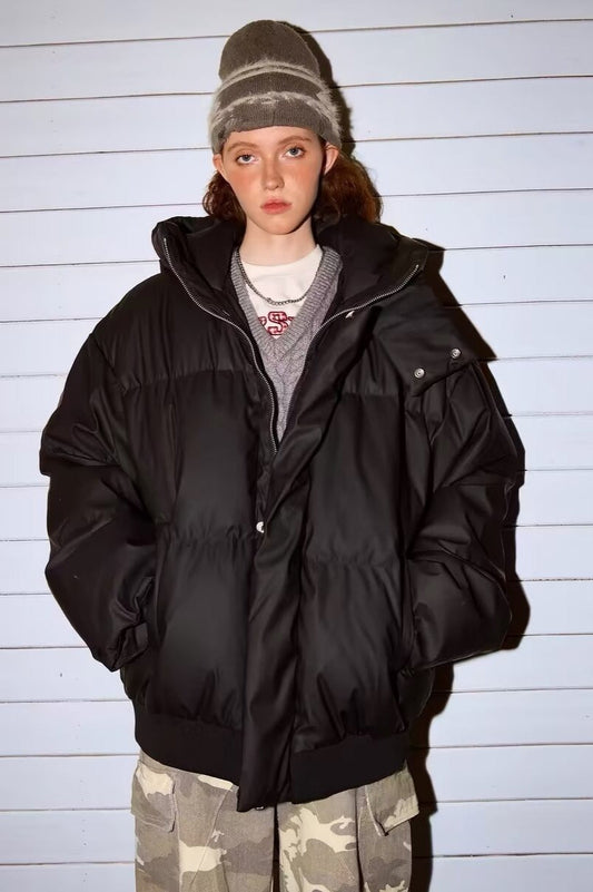 Stand Collar High Neck Hooded Puffer Jacket M / Black