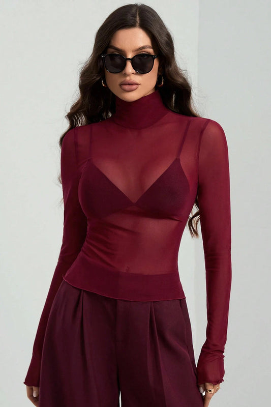 Stand Collar Solid Mesh Slim Fit Long Sleeve Tee