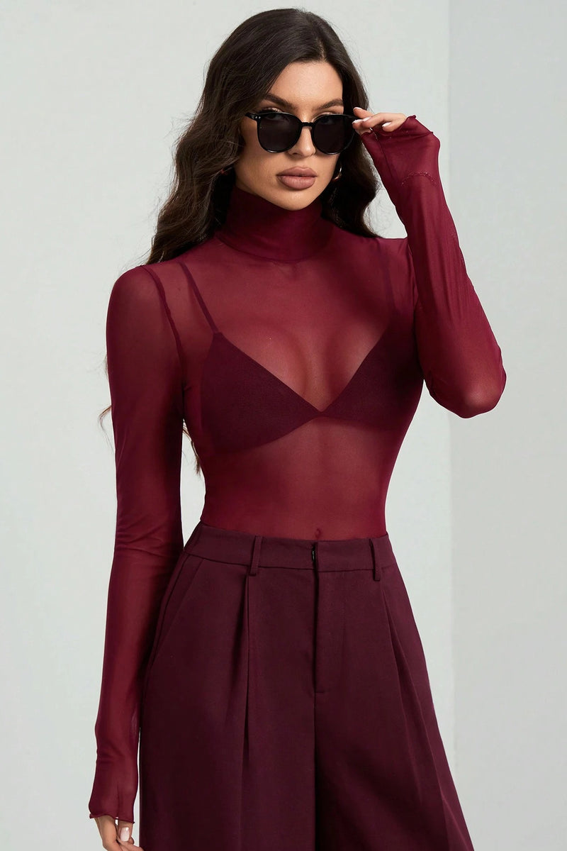 Stand Collar Solid Mesh Slim Fit Long Sleeve Tee