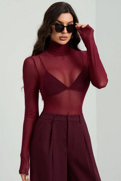 Stand Collar Solid Mesh Slim Fit Long Sleeve Tee