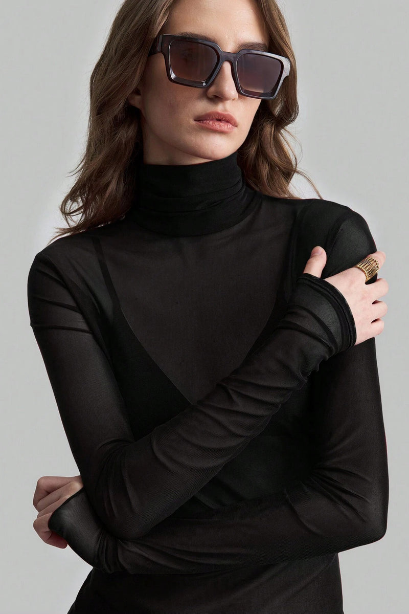 Stand Collar Solid Mesh Slim Fit Long Sleeve Tee
