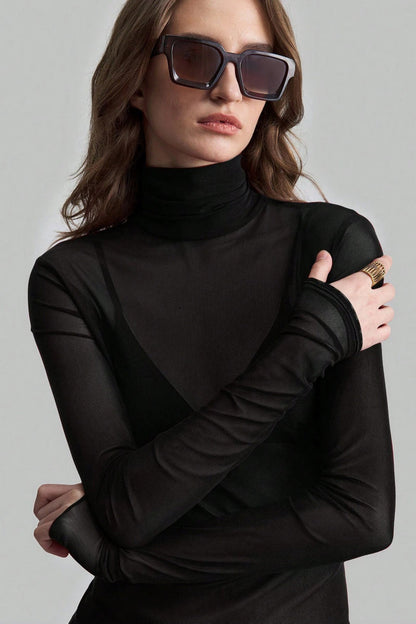 Stand Collar Solid Mesh Slim Fit Long Sleeve Tee