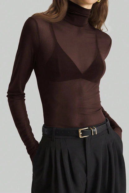 Stand Collar Solid Mesh Slim Fit Long Sleeve Tee