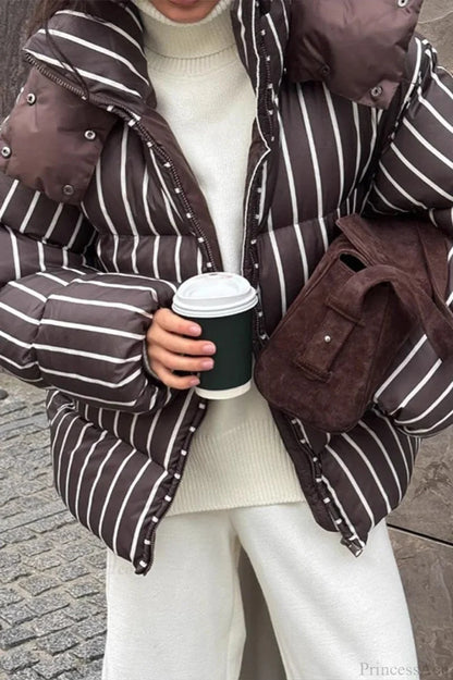 Stand Collar Striped Hooded Warm Quilted Coat