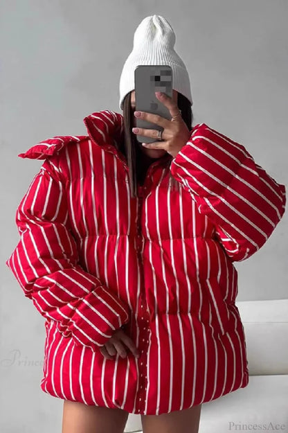 Stand Collar Striped Hooded Warm Quilted Coat Red / S
