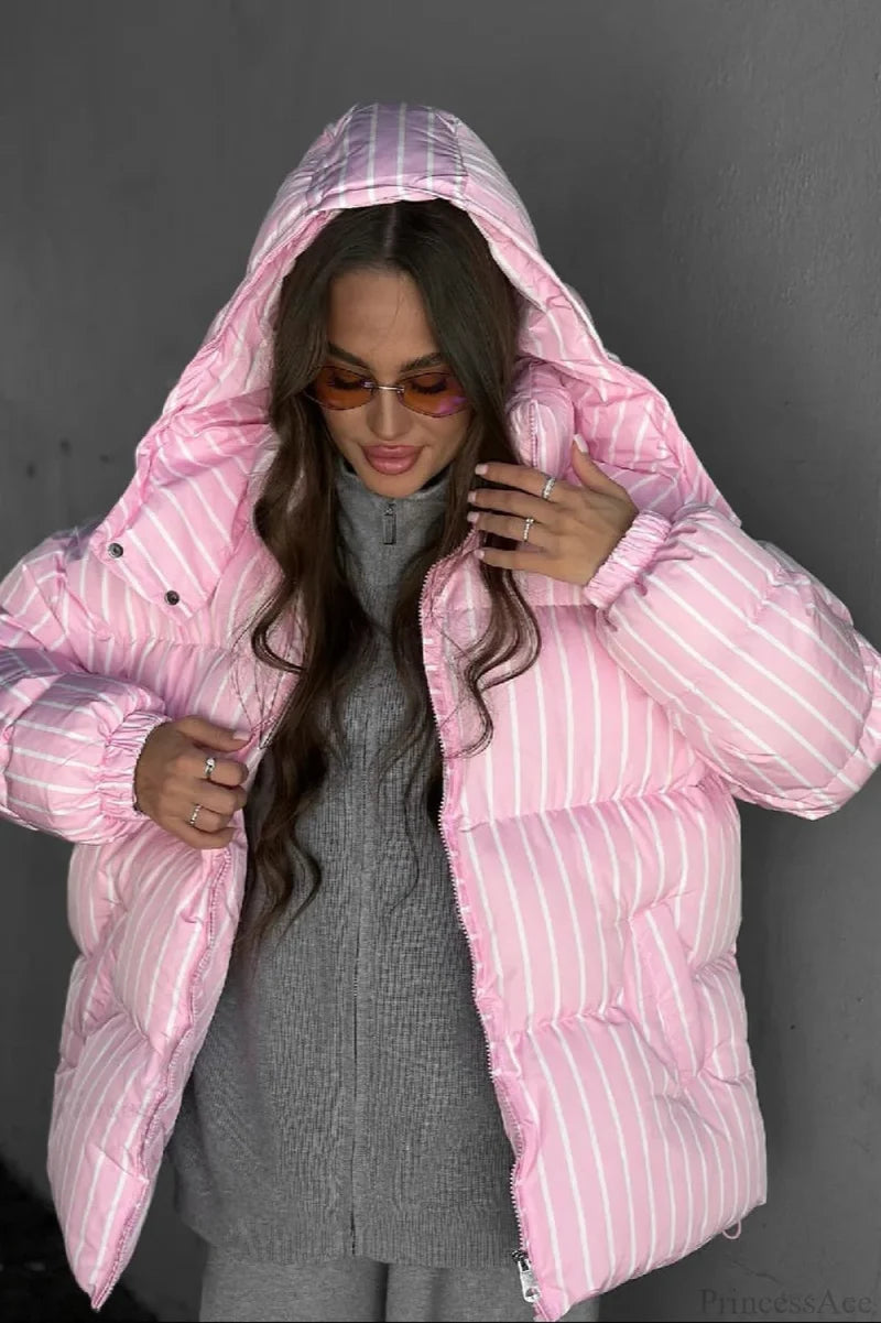 Stand Collar Striped Hooded Warm Quilted Coat Pink / S