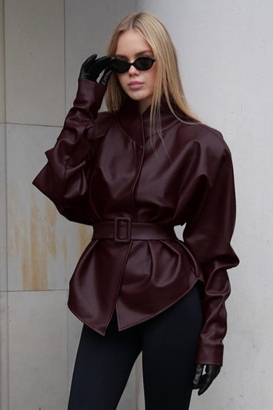 Stand Collar Trench Leather Jacket
