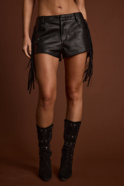 Black fringe and vegan leather shorts with refined detailing and a flattering silhouette.