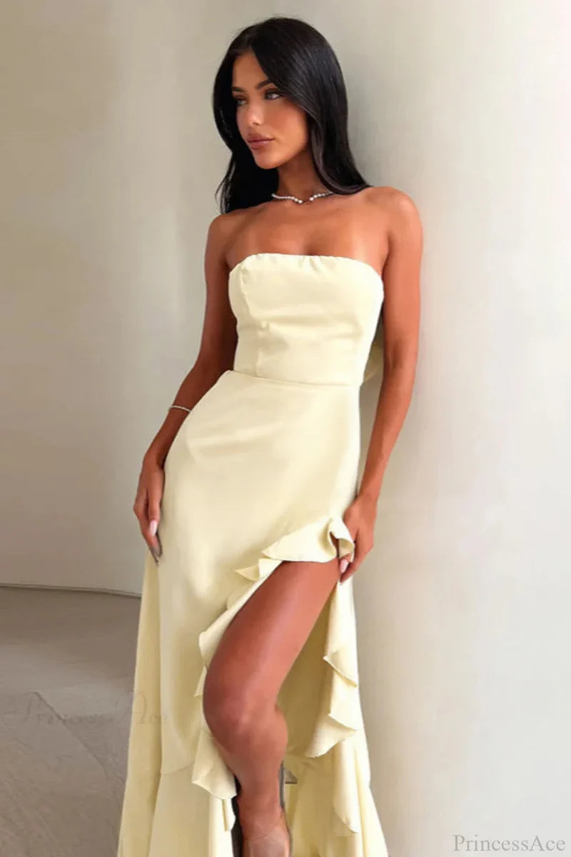 Strapless Ruffled Split Maxi Dress Yellow / XS