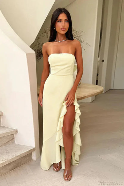 Strapless Ruffled Split Maxi Dress