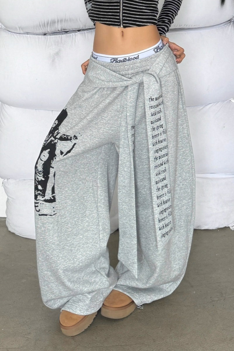 Street Style Graphic Letter Ribbon Curved Sweat Pants