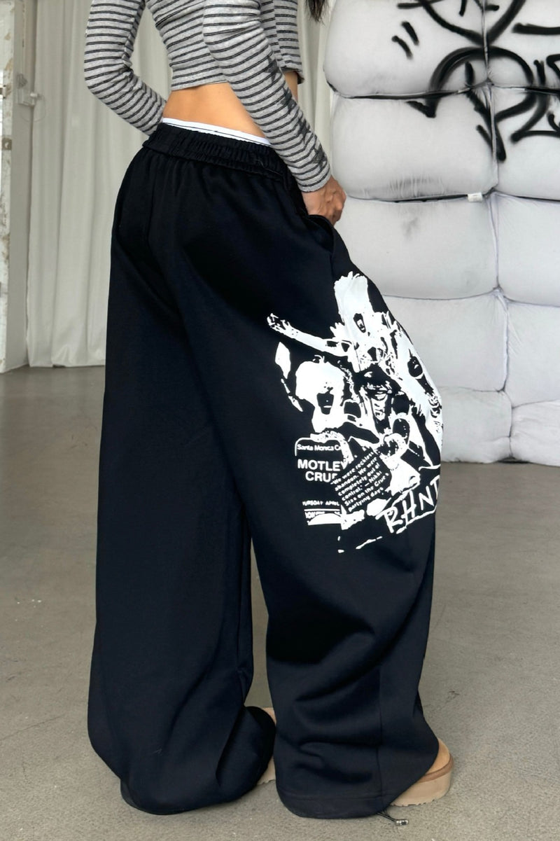 Street Style Graphic Letter Ribbon Curved Sweat Pants