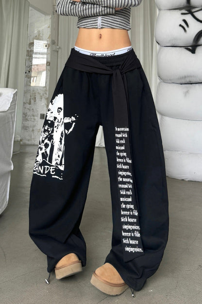 Street Style Graphic Letter Ribbon Curved Sweat Pants