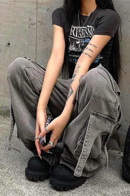 Streetwear Multi-pocket Cargo Washed Jeans