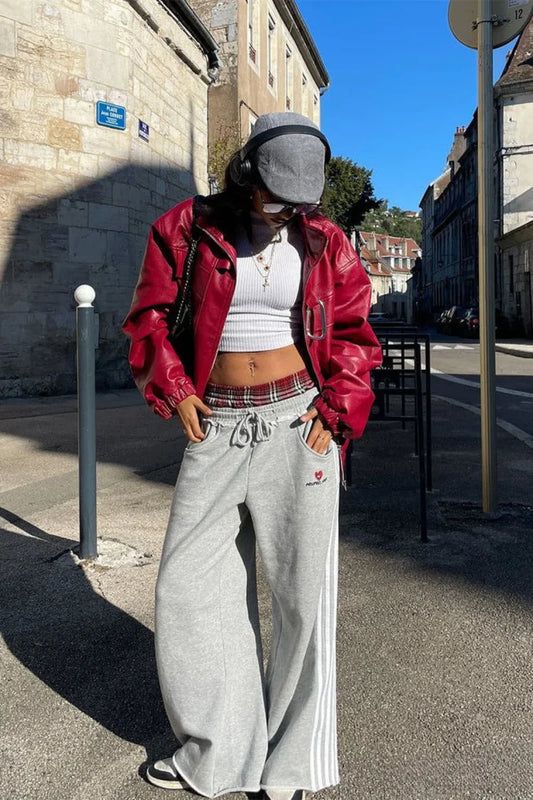 Stripe Plaid Panel Double Waist Wide Leg Pants Grey / S