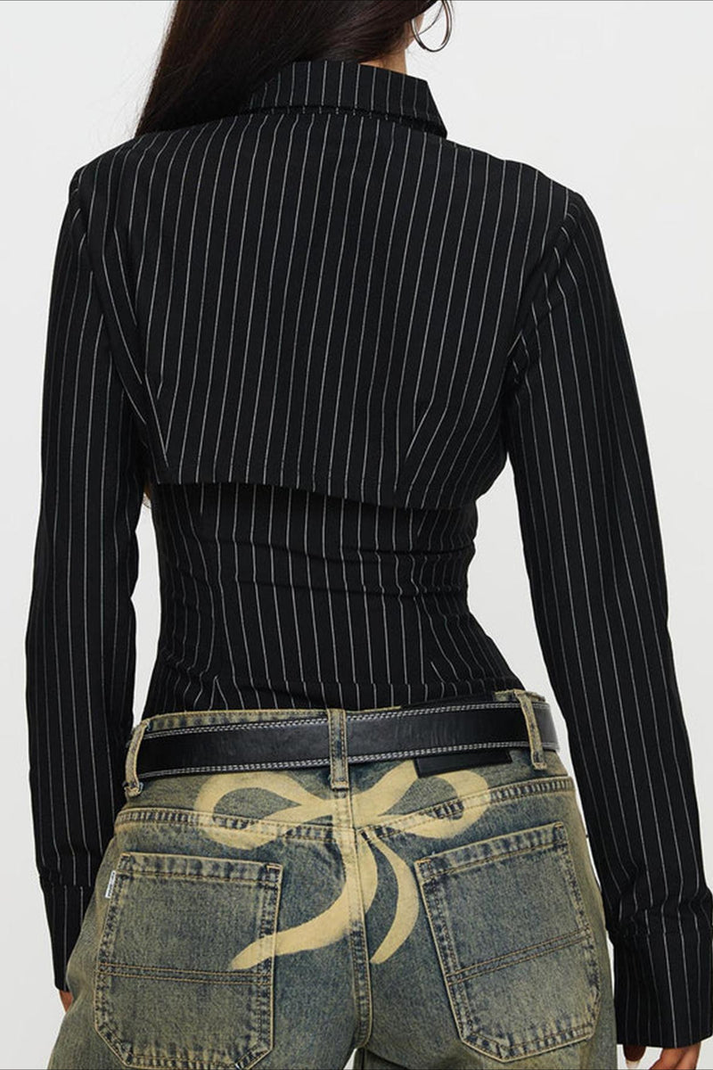 Striped Collared Buttoned Hollow Long Sleeve Blouse