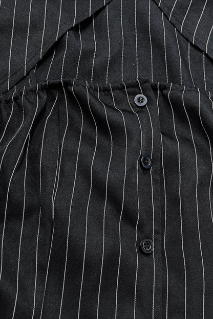 Striped Collared Buttoned Hollow Long Sleeve Blouse