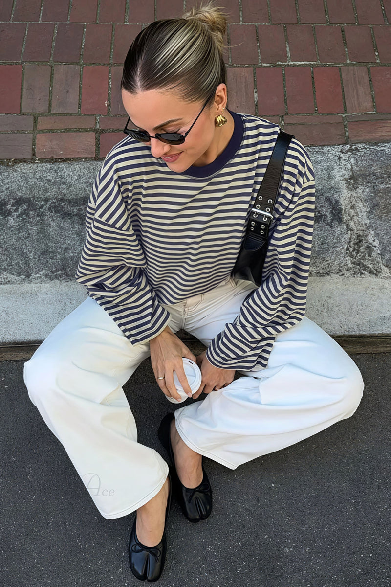 Striped Color Block Crew Neck Loose Long Sleeve Tee