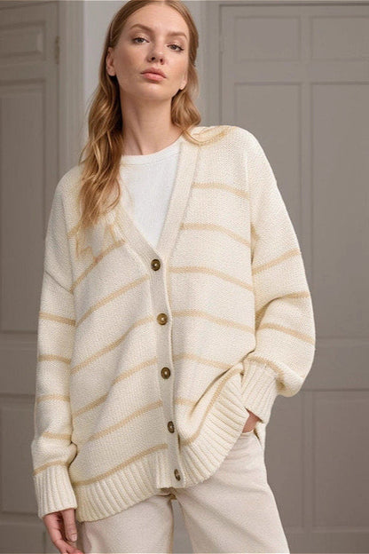 Striped Cotton V Neck Knit Cardigan