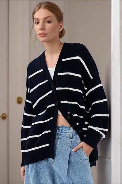 Striped Cotton V Neck Knit Cardigan