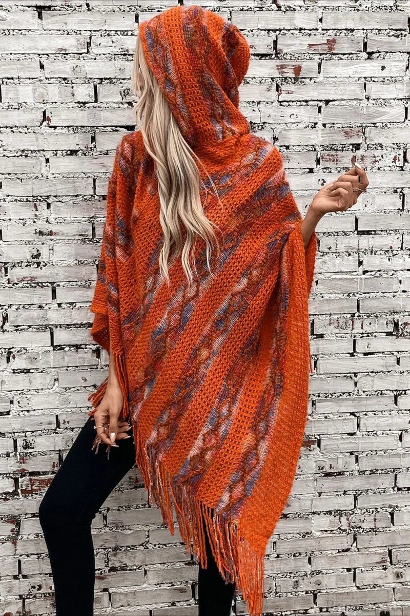 Striped Hooded Knit Tassel Relaxed Coat Red / One Size