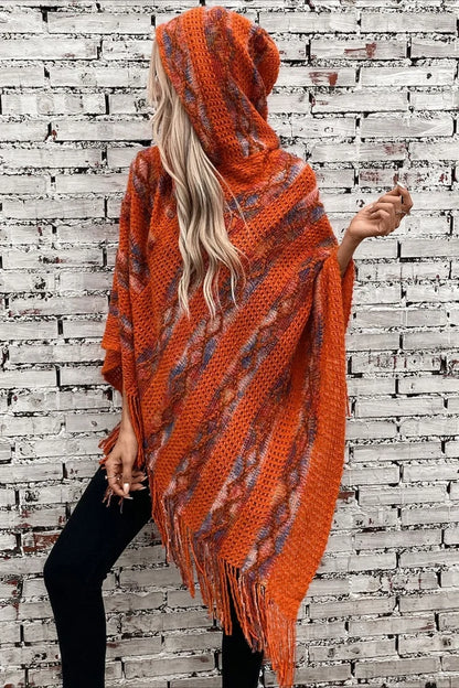 Striped Hooded Knit Tassel Relaxed Coat Red / One Size