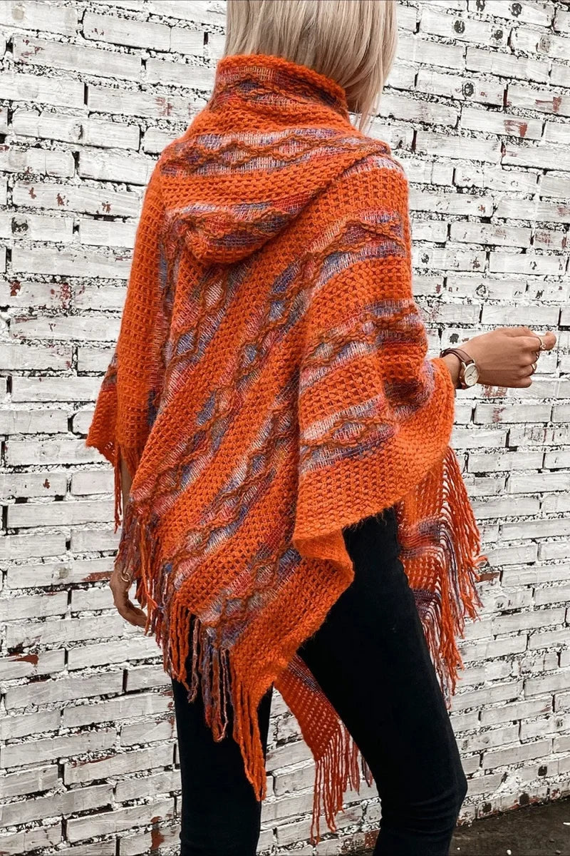 Striped Hooded Knit Tassel Relaxed Coat Red / One Size