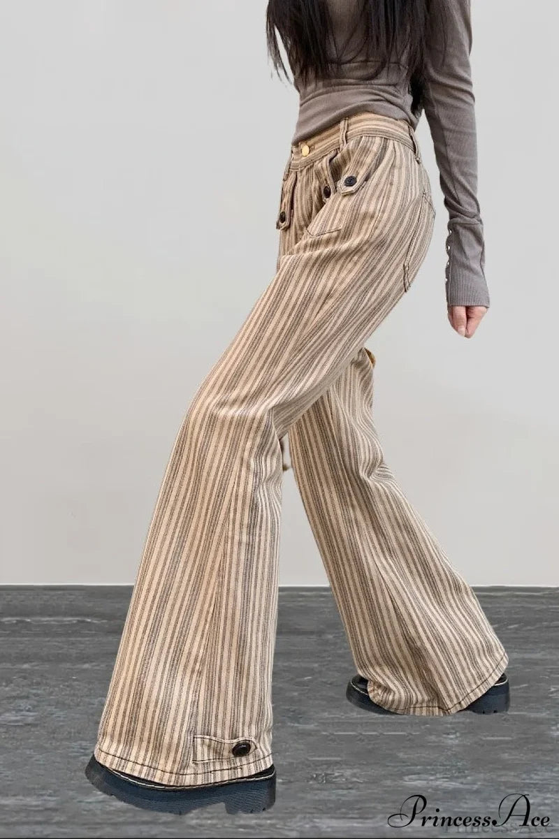 Striped Khaki Low Waist Slim Flared Jeans