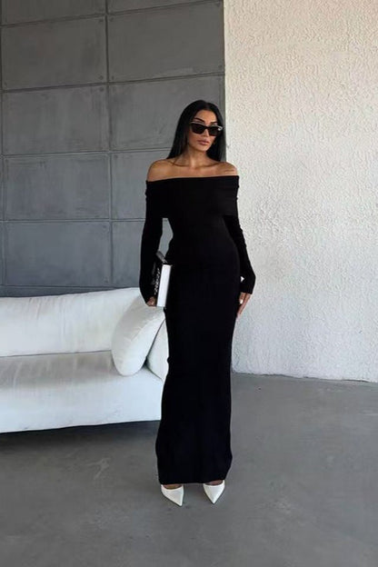 Striped Off Shoulder Sweater Dress S / Black