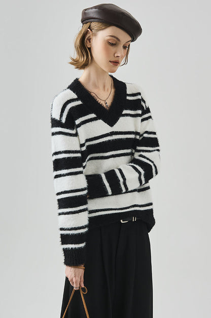 Striped V Neck Loose Long Sleeve Knit Sweater