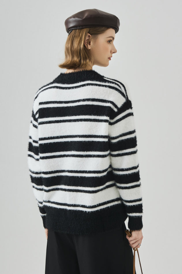 Striped V Neck Loose Long Sleeve Knit Sweater