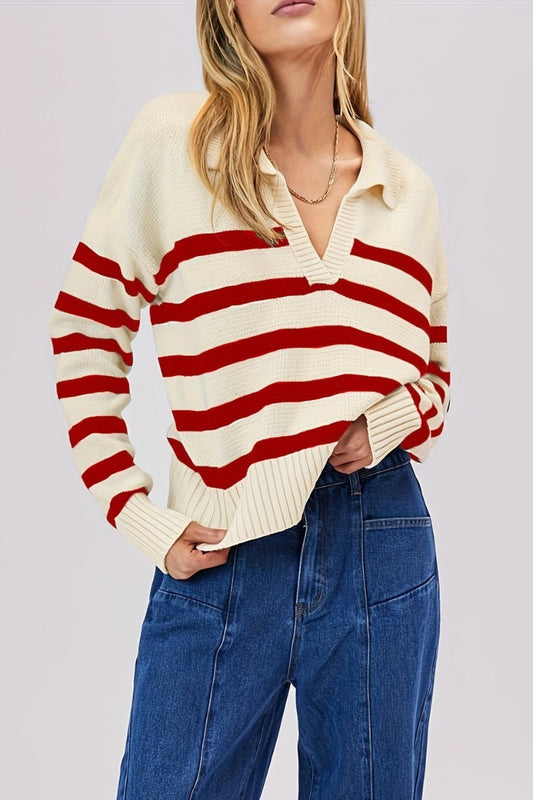 Striped Wool Collar V Neck Sweater