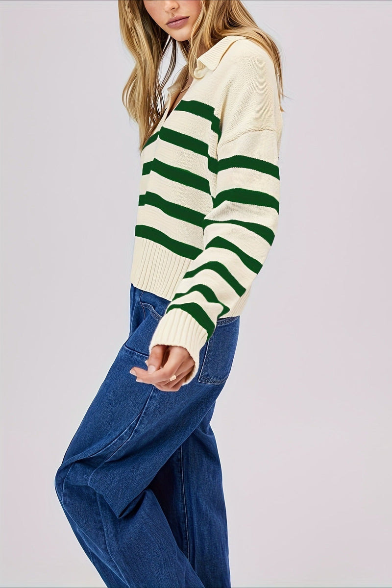 Striped Wool Collar V Neck Sweater Green / S