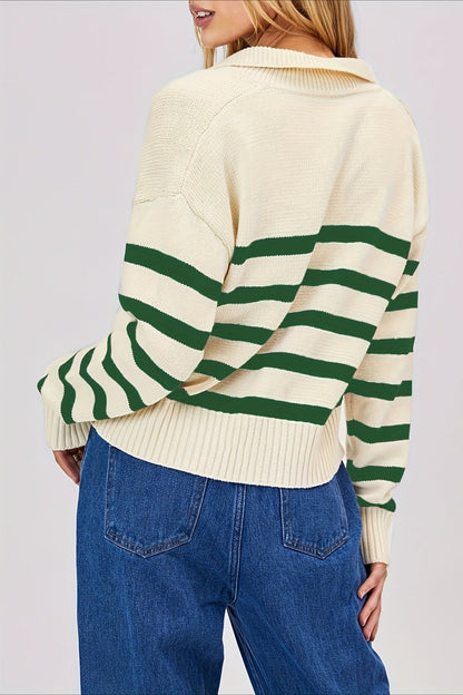 Striped Wool Collar V Neck Sweater
