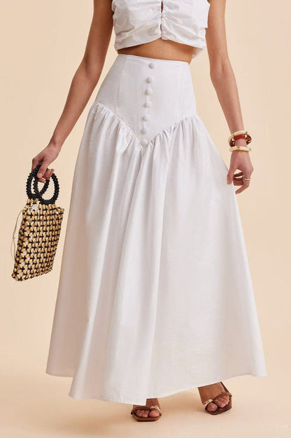 Stylish High Waist Button Patchwork White Maxi Skirt