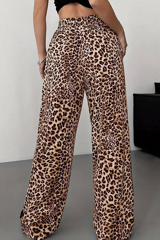 Stylish Leopard Print Black Trim High-Waisted Wide-Leg Pants