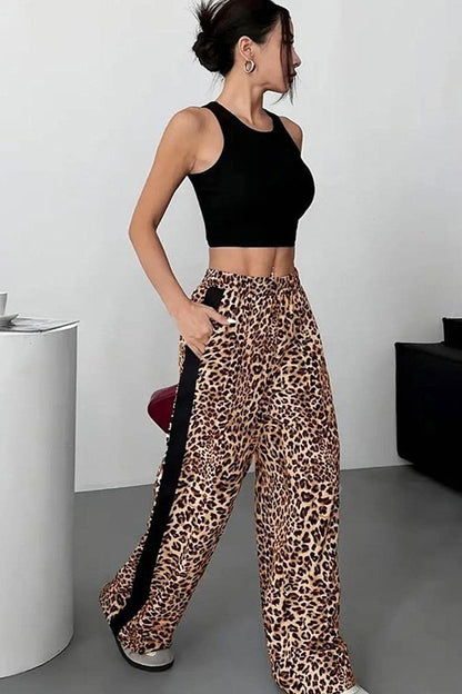 Stylish Leopard Print Black Trim High-Waisted Wide-Leg Pants
