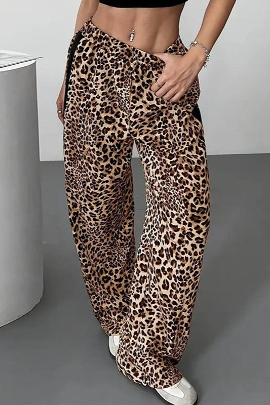 Stylish Leopard Print Black Trim High-Waisted Wide-Leg Pants