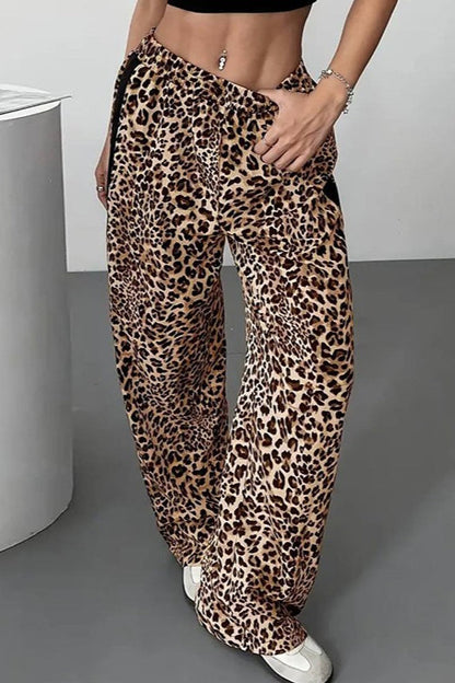 Stylish Leopard Print Black Trim High-Waisted Wide-Leg Pants