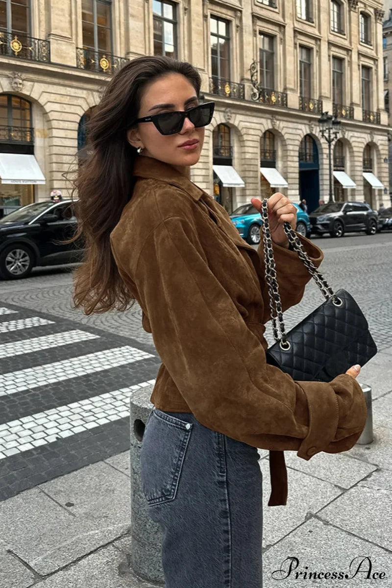 Suede Belted Blazer Collar Elegant Coat
