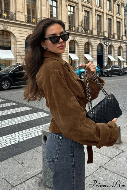 Suede Belted Blazer Collar Elegant Coat