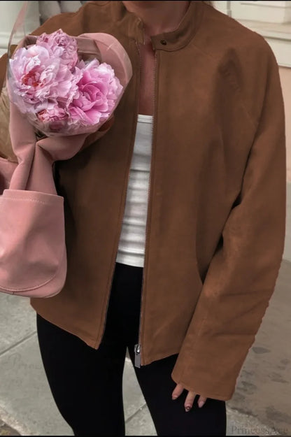 Suede Long Sleeve Elegant Casual Jacket Brown / S
