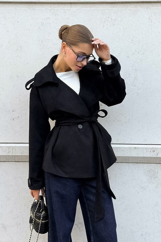 Suede Solid Tie Waist Thickened Warm Coat