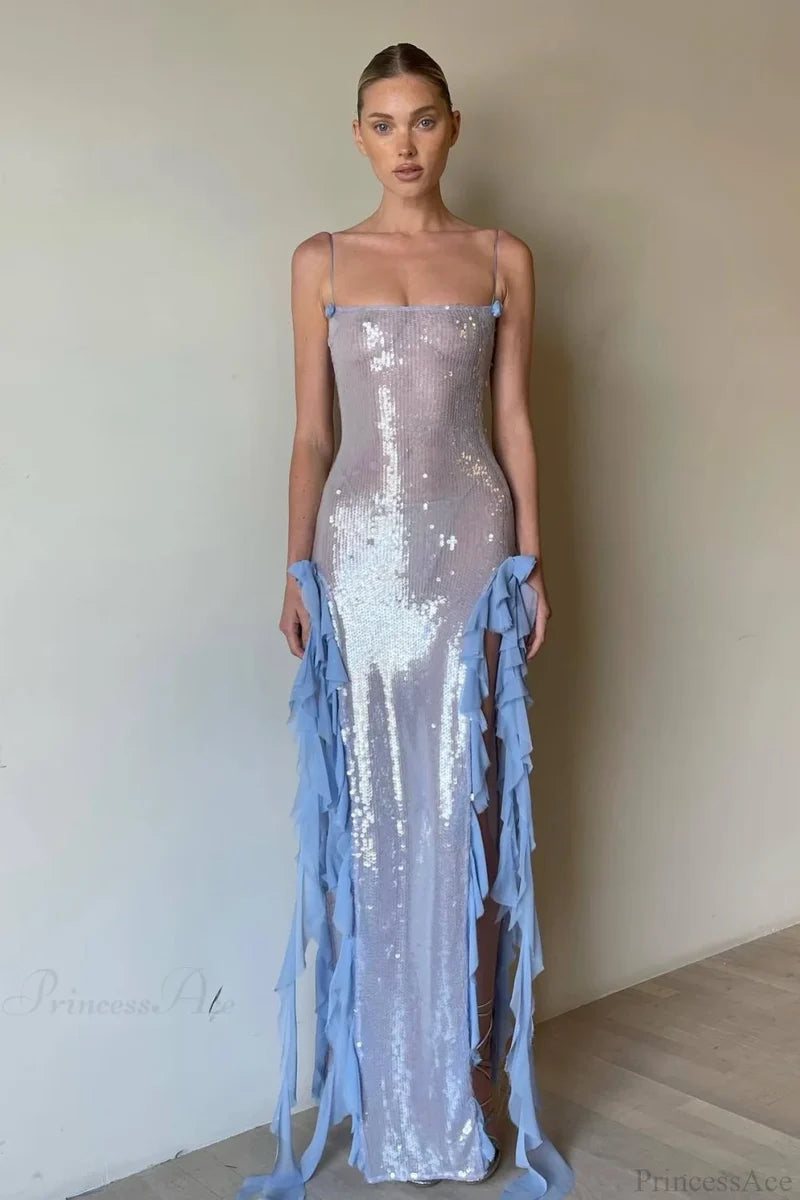 Sultry Sequined Ruffled 3D Floral Wedding Dress Blue / S