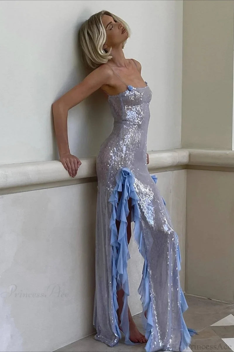 Sultry Sequined Ruffled 3D Floral Wedding Dress