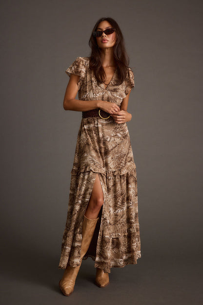 Mocha maxi dress with elegant accents, a vacation maxi dress essential.