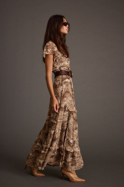 Back view of the mocha maxi dress showing the silhouette and fit.