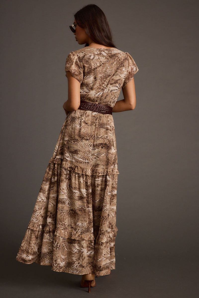 Close-up of the Sundance Mocha Printed Maxi Dress showcasing the fabric texture and design details.