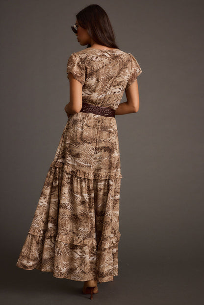 Close-up of the Sundance Mocha Printed Maxi Dress showcasing the fabric texture and design details.
